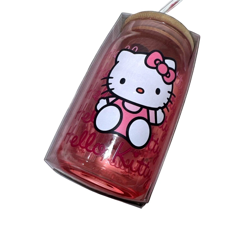Hello Kitty Glass Tumbler with Bamboo Lid and Glass Straw 16oz Pink Sanrio